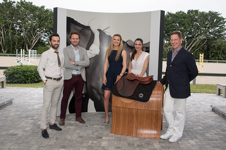 (L–R) Ugo Borao, Cyril Valtat, Lillie Keenan, Marion Larochette and Peter Malachi at the Hermès preview event for the new Allegro saddle in Wellington, FL on March 3rd